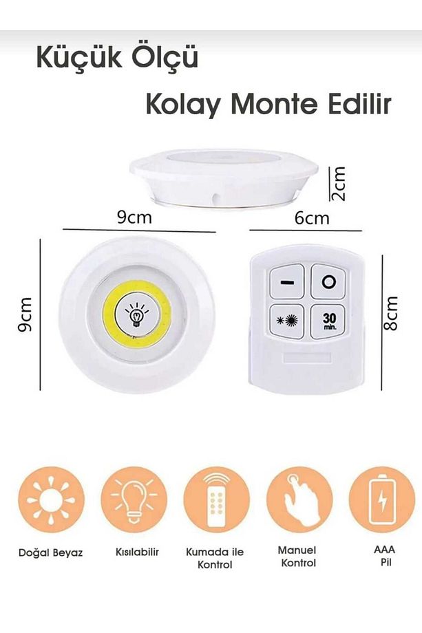 3'lü Spot Led Işık Lamba Pilli Uzaktan Kumandalı Montajsız Yapışkanlı Raf Dolap Mutfak Işığı - 4