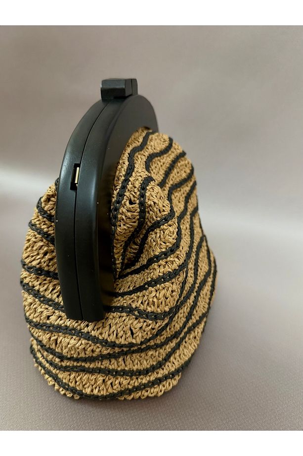 Ahşap burslu Clutch çanta kâğıt ip el örgüsü çanta - 2