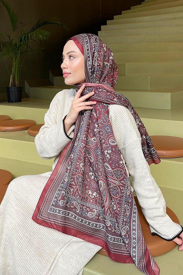 Retro Desen Soft Şal Koyu Bordo - 4