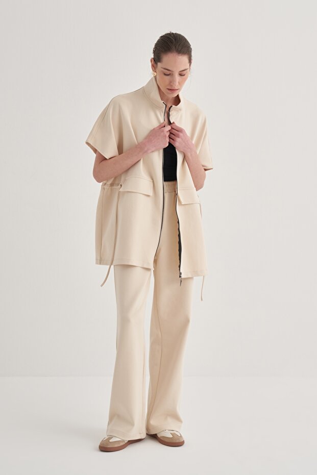Kadın Çelik Örme Oversize Yelek Bej - 1