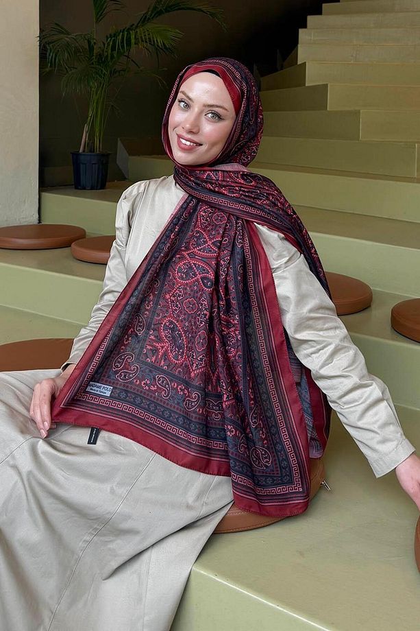 Retro Desen Soft Şal Bordo - 3