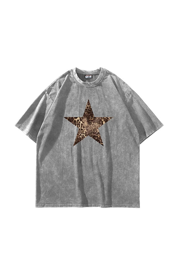 Starz Leopard Printed 24/1 Oversize Unisex Washable White Tshirt