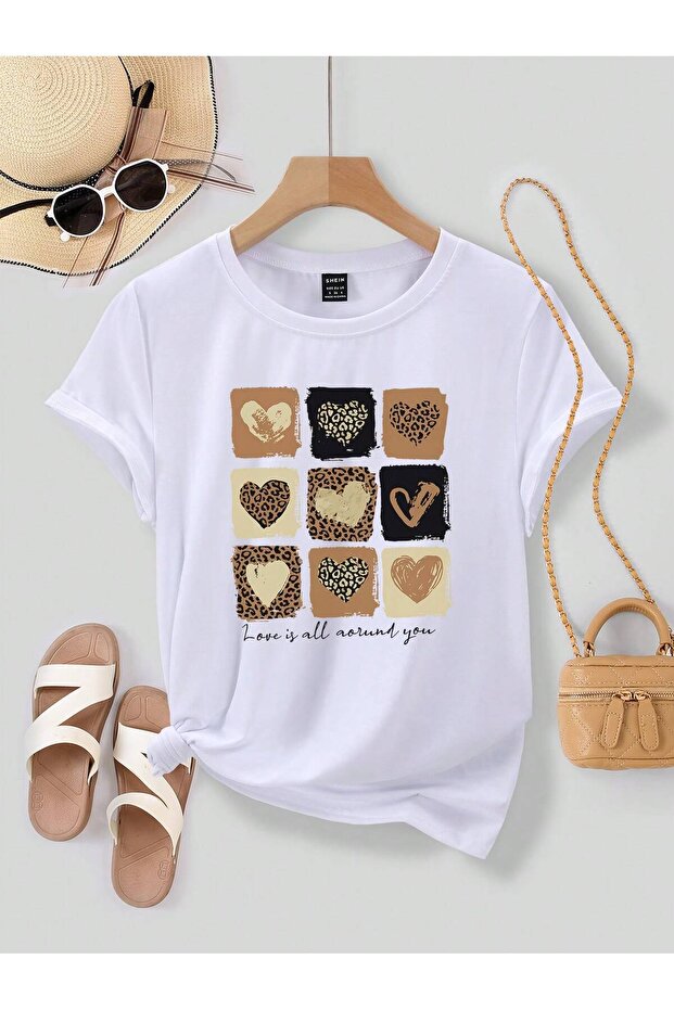 Around You Hearts T-Shirt - White Oversized Printed Crew Neck Printed Short Sleeve Loose Fit