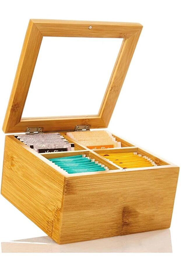 Tea Box - Premium Bamboo Organizer with 4 Compartments & Glass Lid