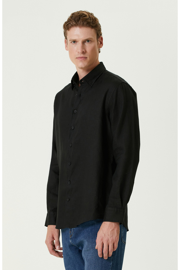 Siyah Keten Gömlek - 4