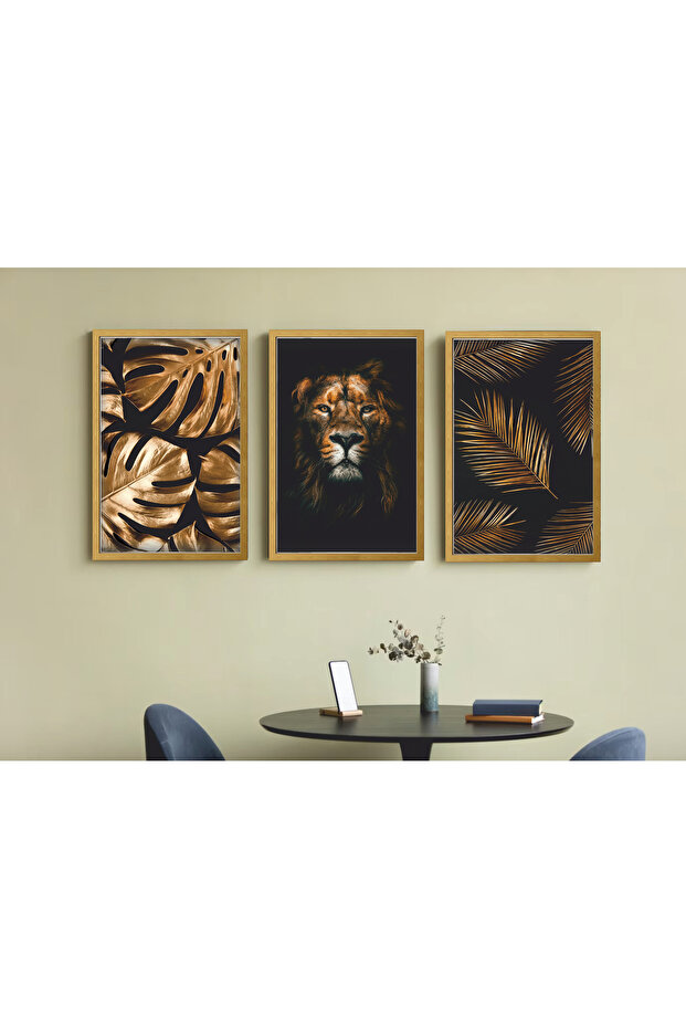 طقم طاولة MDF مكون من 3 قطع بإطار من أوراق الشجر الطبيعية وأسلان الحيوانات