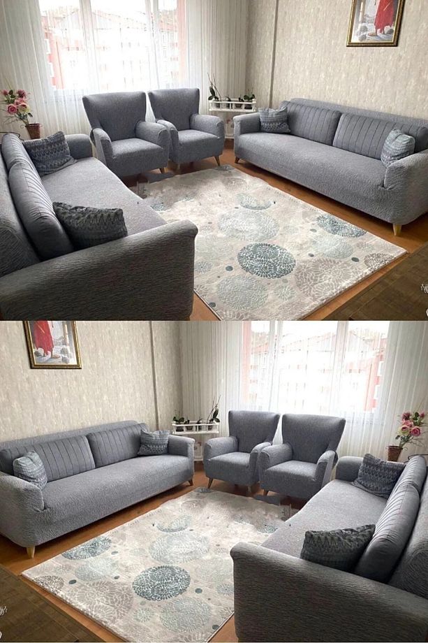 - Jakarlı Düz Desen 3 3 1 1 Lastikli Koltuk Örtüsü Takımı Kanepe Çekyat Örtüsü Koltuk Kılıfı - 2