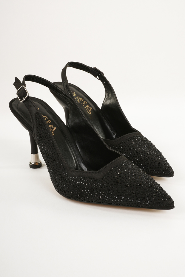 Women's Black Pointed Toe Back Open Stone Evening Shoes