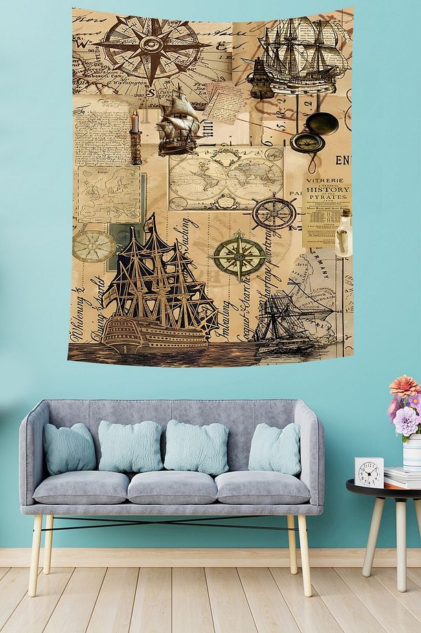 Denizci Temalı Pusula Gemi Desenli Leke Tutmaz Kumaş Duvar Örtüsü Duvar Halısı Tapestry - 2