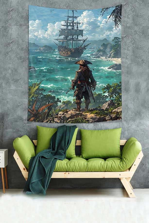 Okyonusta Yelkenli Gemi Ve Korsan Leke Tutmaz Kumaş Duvar Örtüsü Duvar Halısı Tapestry - 3
