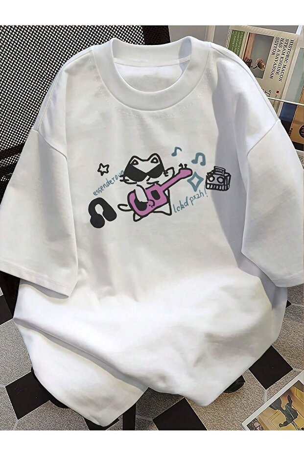 Musician Cat T-Shirt - White Oversize Printed Crew Neck Printed Short Sleeve Loose Fit