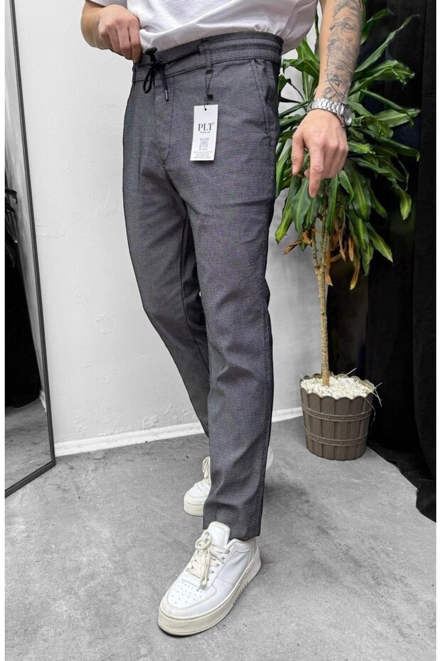 New Season Men's Rope Detailed Rubber Belt Dobby Linen Trousers