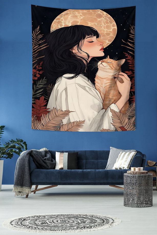 Kızın Kucağındaki Kedi Hayvan Sevgisi Leke Tutmaz Kumaş Duvar Örtüsü Duvar Halısı Tapestry - 3