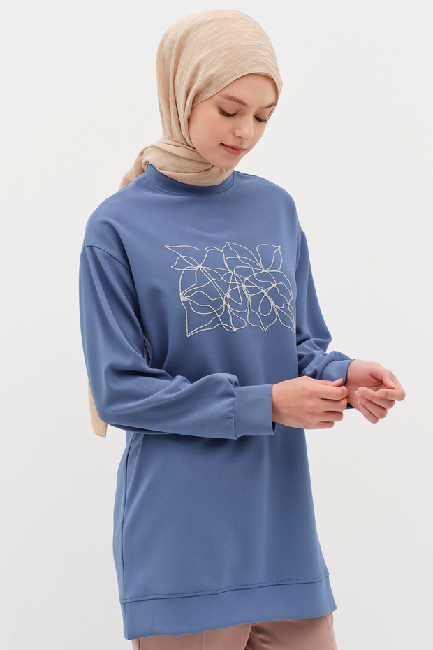 Desen Baskılı Örme Sweat - İndigo - 2