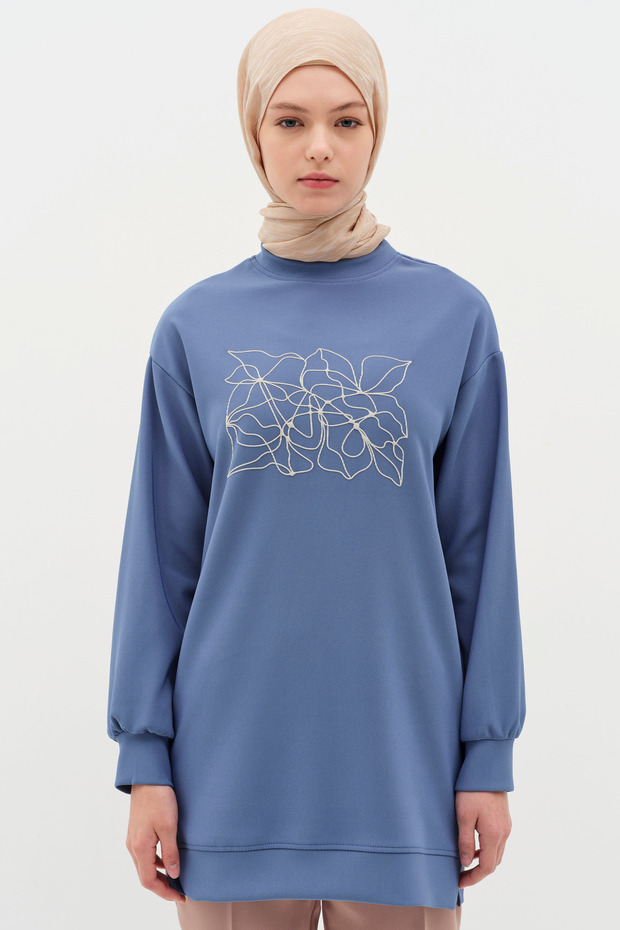Desen Baskılı Örme Sweat - İndigo - 1
