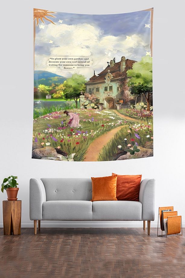 Köyde Bahar Çiçekleri Sanatsal Renkli Leke Tutmaz Kumaş Duvar Örtüsü Duvar Halısı Tapestry - 3