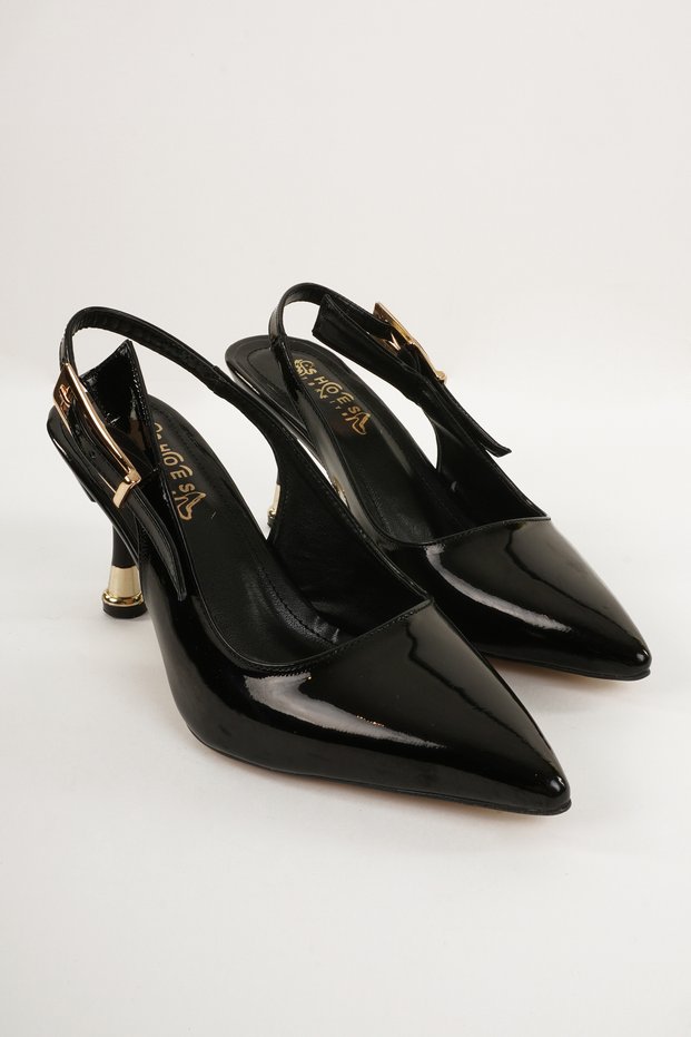 Women's Black Patent Leather Buckle Detailed Back Open Heel Stiletto Shoes