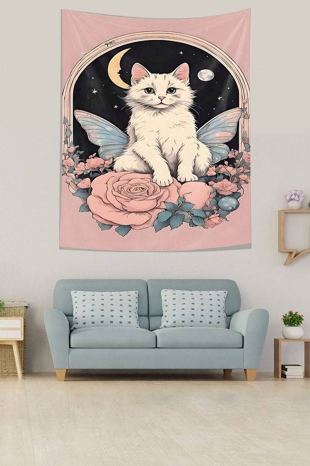 Pembe Bohem Bahar Manzara Desen Çiçekli Leke Tutmaz Kumaş Duvar Örtüsü Duvar Halısı Tapestry - 1