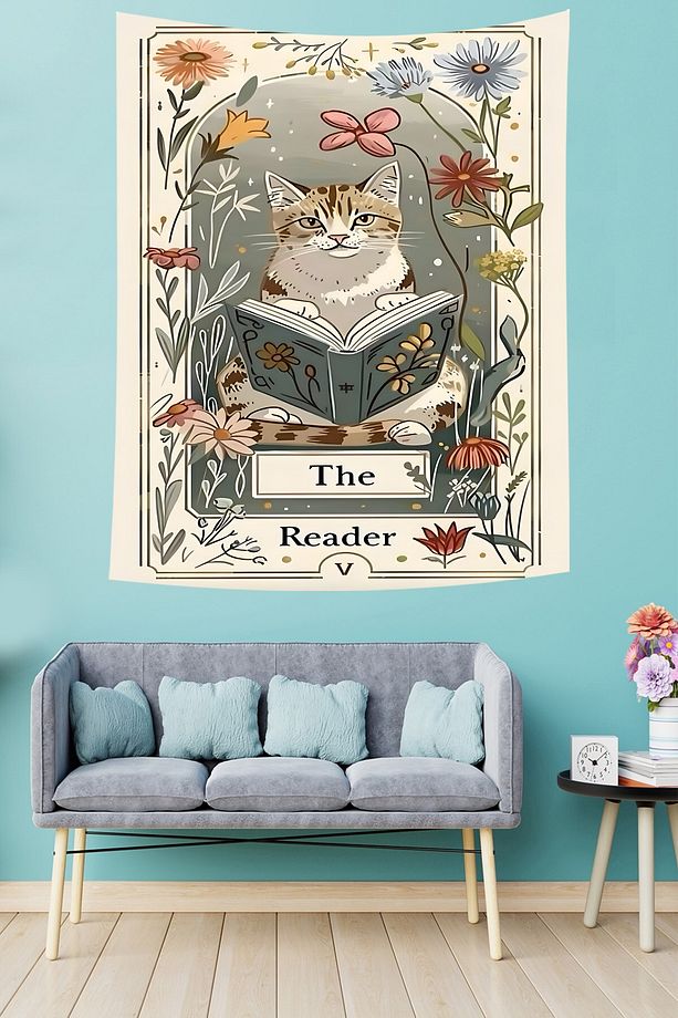 The Reader Kedi Çiçek Desenli Leke Tutmaz Kumaş Duvar Örtüsü Duvar Halısı Tapestry - 3