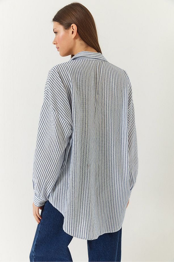Kadın Dokuma Çizgili Oversize Standart Basic Gömlek 2021 60271073 - 7
