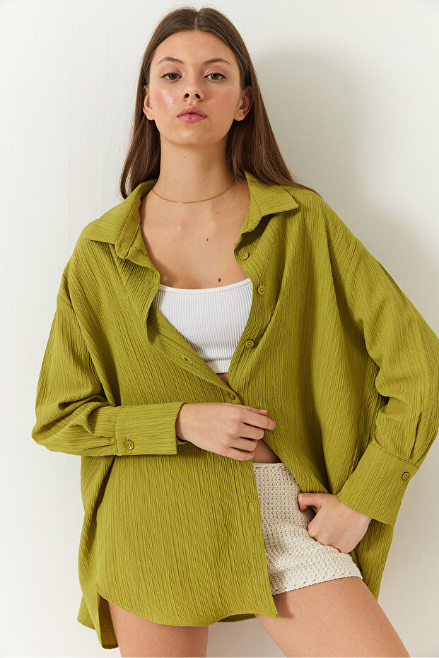 Kadın Düşük Omuz Oversize Basic Bürümcük Gömlek - 4