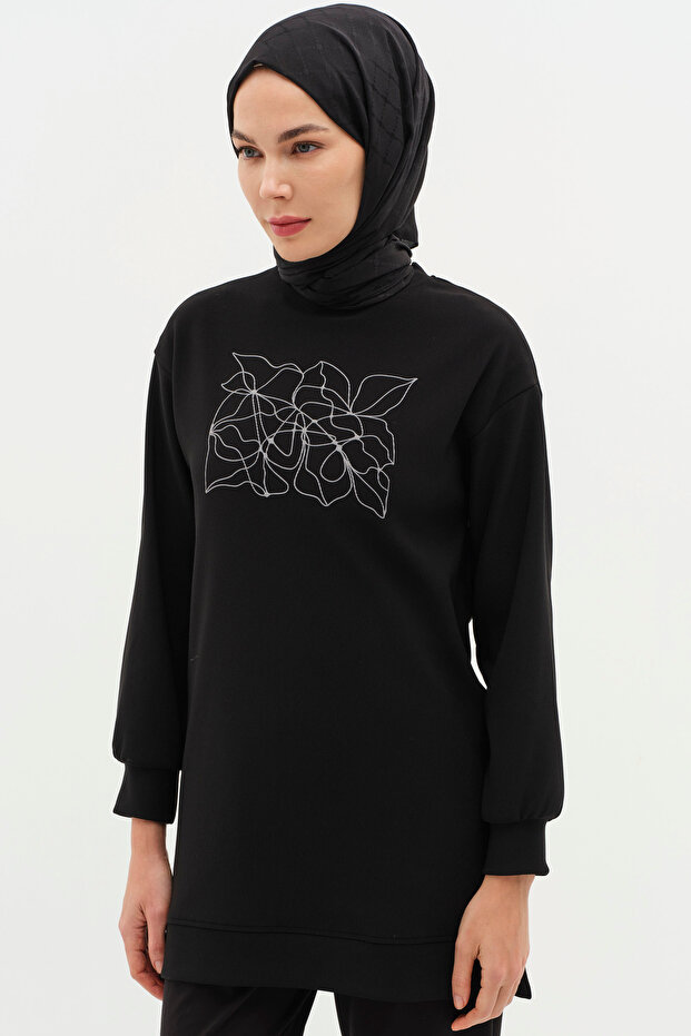 Desen Baskılı Örme Sweat - Siyah - 2