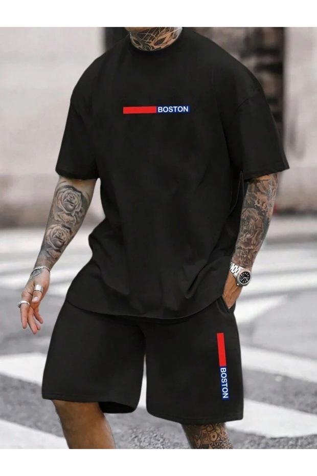Black Boston Printed Bottom Top Shorts T-Shirt Set
