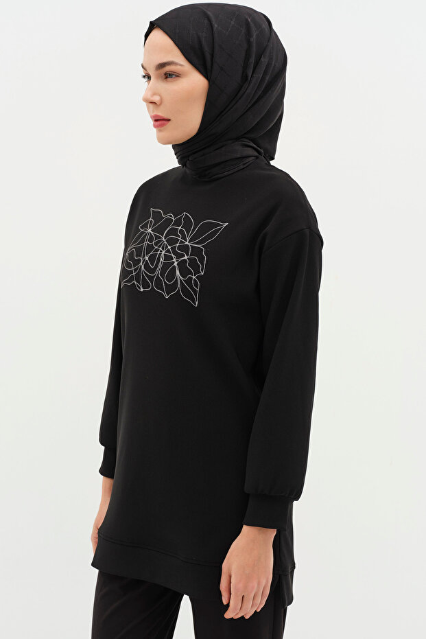 Desen Baskılı Örme Sweat - Siyah - 4