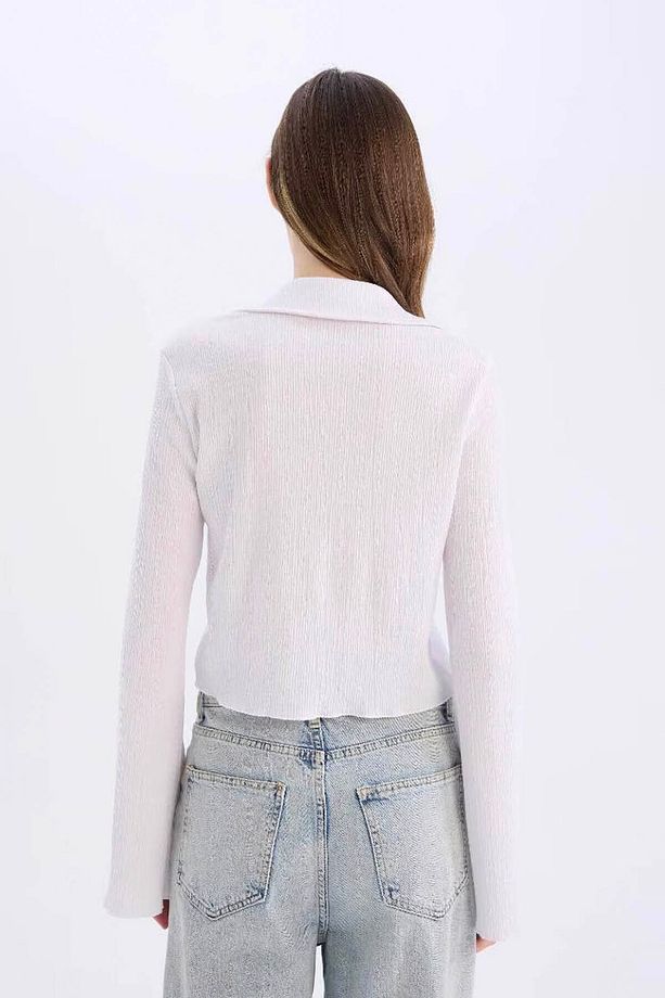 Coool Fitted Basic Düz Düğmeli Uzun Kollu Crop Beyaz Gömlek A0012ax25sp - 4