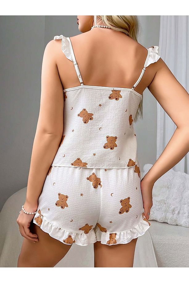 Ayıcık Desenli Askılı  Üst ve Şort Pijama Takımı - 3