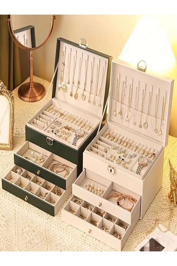 Premium Mücevher Kutusu, Takı Kutusu,  3 katmanlı, beyaz renk - 2