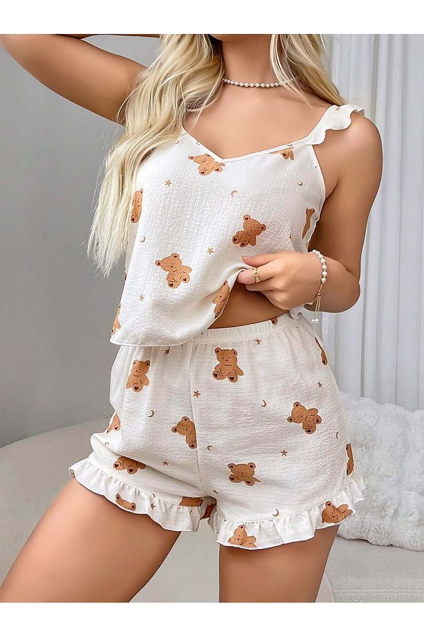 Ayıcık Desenli Askılı  Üst ve Şort Pijama Takımı - 1