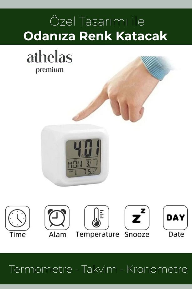 Renk Değiştiren Dijital Masa Saati Termometreli Takvimli Alarmlı 7 Renkli LED Küp Saat - 2