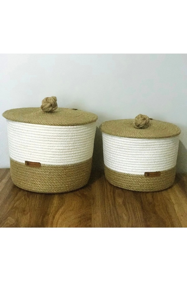 Set of 2 Wicker Baskets, Multi-Purpose Organizer 6 Mm Rope White and Jute Color