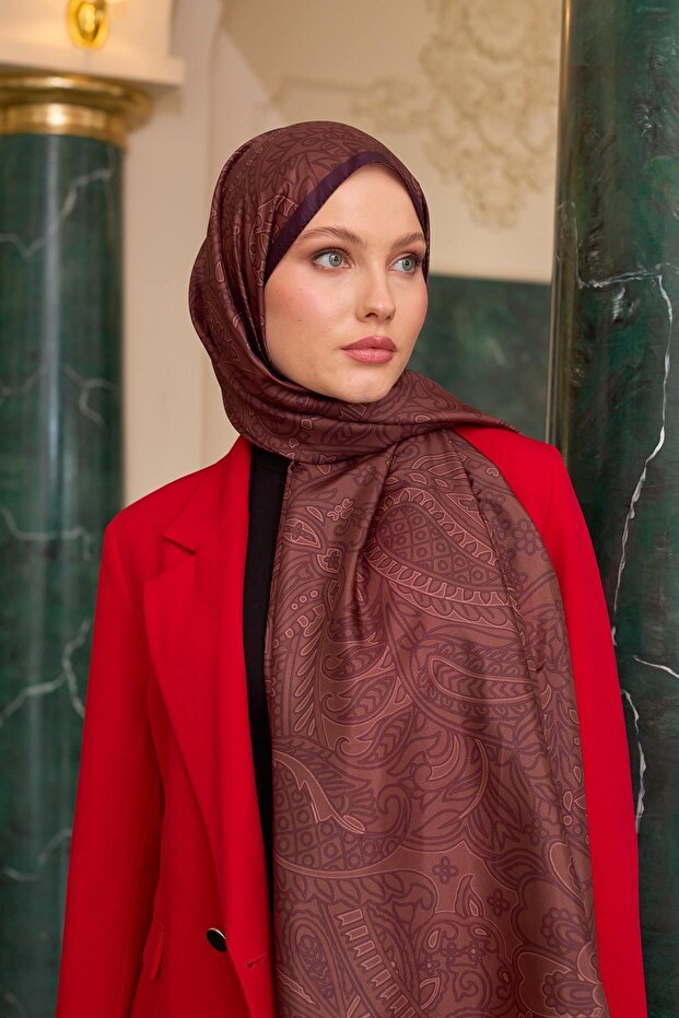 Patterned Voile Shawl Copper Brown Voile Silk Shawl - 9803-05