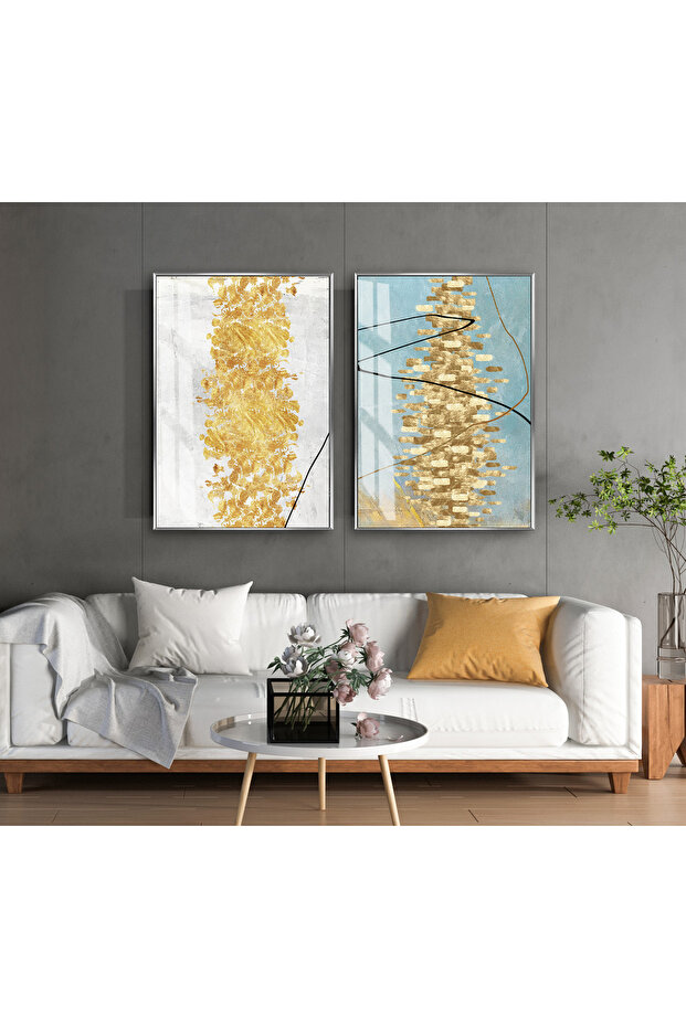 Hari̇kabi̇rev | Gold-Turquoise Abstract Patterned Combination | Tempered Frame Glass Table 2 Pieces Vertical