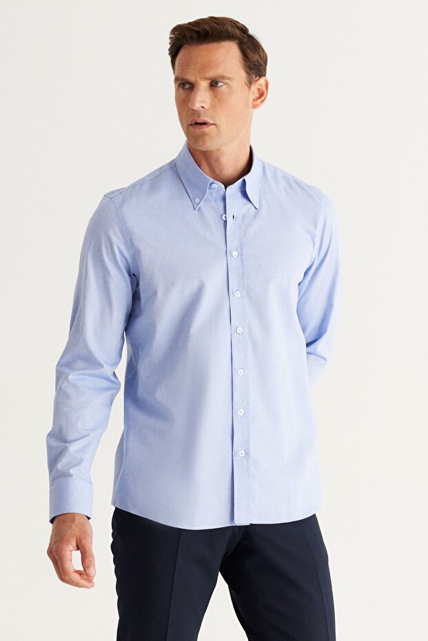Erkek Mavi Slim Fit Dar Kesim Düğmeli Yaka %100 Pamuk Oxford Gömlek - 1