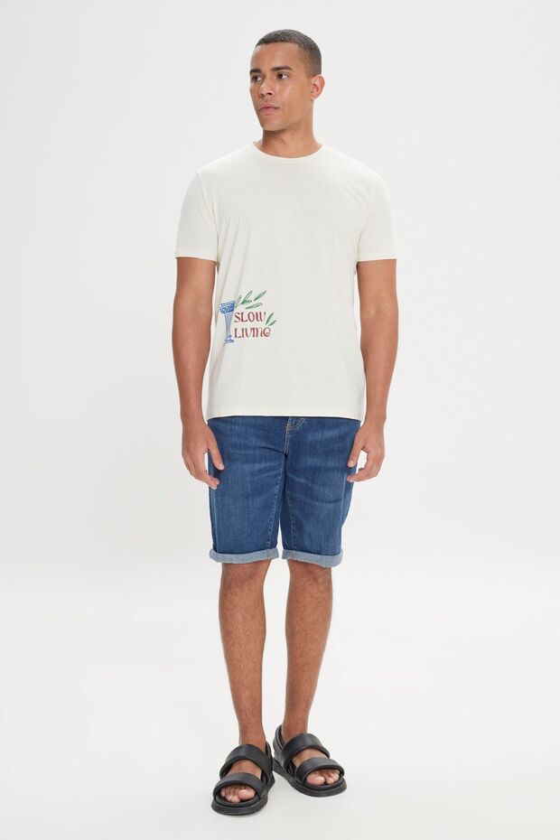 Erkek Sarı Standart Fit Normal Kesim %100 Pamuk Yumuşak Dokulu Baskılı Bisiklet Yaka Tişört - 4