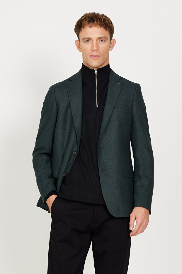 Erkek Yeşil Slim Fit Dar Kesim Mono Yaka Desenli Yünlü Blazer Ceket - 5