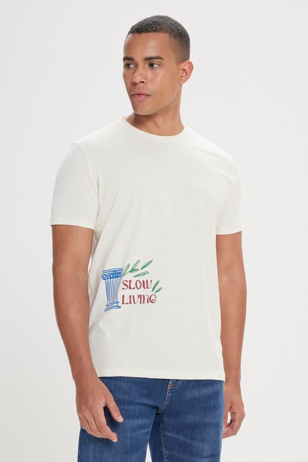 Erkek Sarı Standart Fit Normal Kesim %100 Pamuk Yumuşak Dokulu Baskılı Bisiklet Yaka Tişört - 1