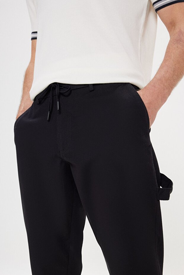 Erkek Siyah Oversize Bol Kesim Beli Bağlamalı Pamuklu Esnek Armürlü Yan Cepli Pantolon - 5