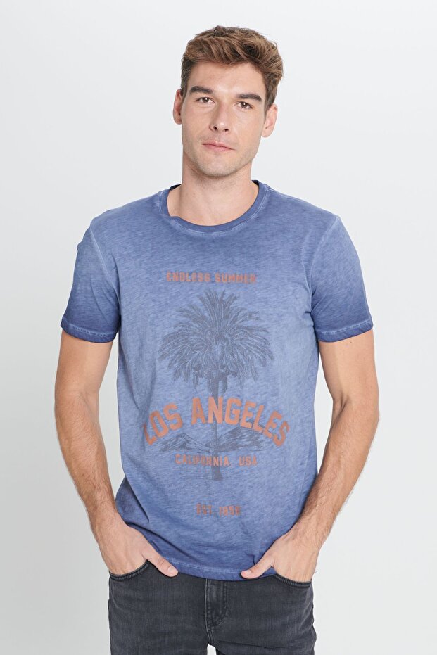 Men's Indigo Standard Fit Regular Fit 100% Cotton Flared Crew Neck T-Shirt