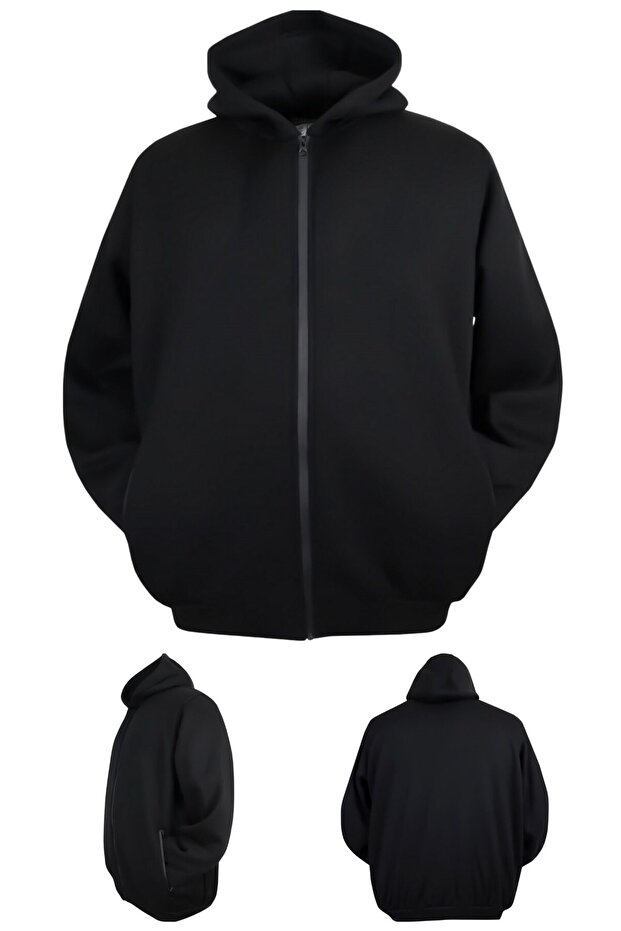 marufshop Erkek Büyük Beden 105 - 185 Kilo Arası İçin Uygun Kapüşonlu 3 İplik Şardonlu Kışlık Kalın Sweat Mont