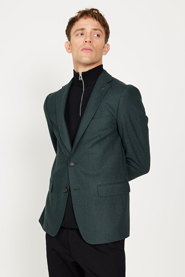 Erkek Yeşil Slim Fit Dar Kesim Mono Yaka Desenli Yünlü Blazer Ceket - 8