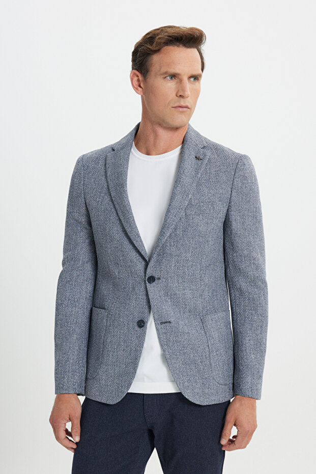 Slim Fit Dar Kesim Mono Yaka Desenli Torba Cepli Lacivert Ceket - 3