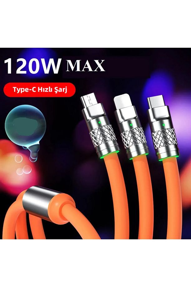 3in1 Usb To Type-c Micro Usb Lightning 120w Hızlı Şarj Kablosu Samsung/Iphone/Xiaomi 3 Başlık Çoklu - 5