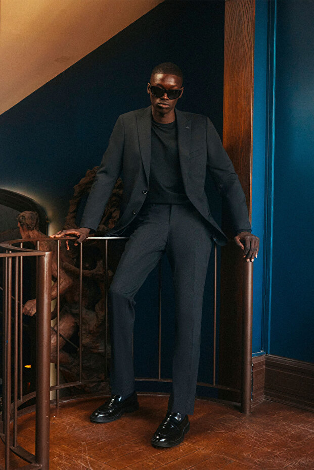 Erkek Yeşil Slim Fit Dar Kesim Mono Yaka Desenli Yünlü Blazer Ceket - 4