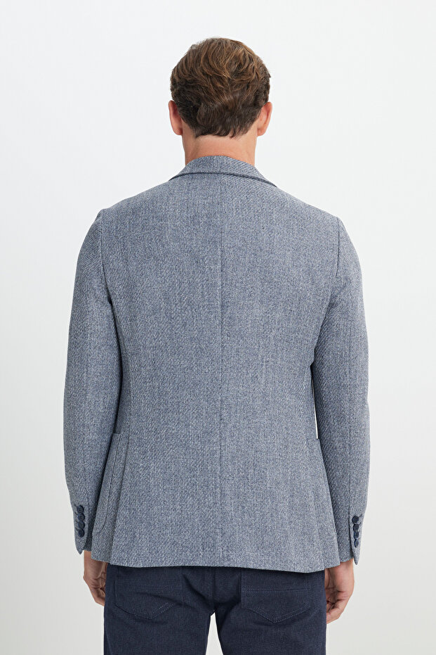 Slim Fit Dar Kesim Mono Yaka Desenli Torba Cepli Lacivert Ceket - 6