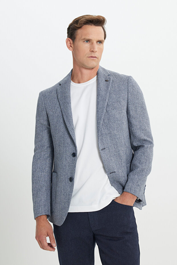 Slim Fit Dar Kesim Mono Yaka Desenli Torba Cepli Lacivert Ceket - 1