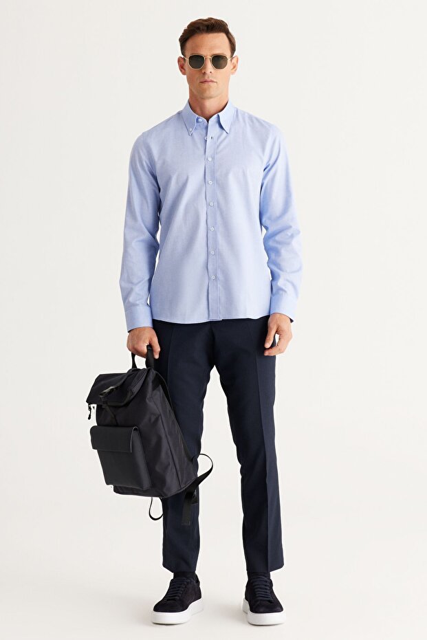 Erkek Mavi Slim Fit Dar Kesim Düğmeli Yaka %100 Pamuk Oxford Gömlek - 3
